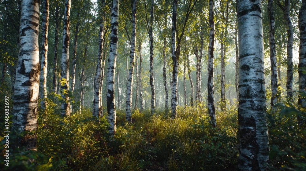 Fototapeta premium Dewy Morning Birch bark forest panorama