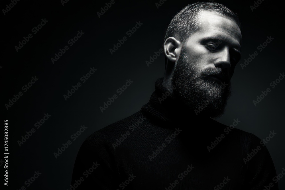 Naklejka premium Minimalist Portrait Bearded Man Black Turtleneck