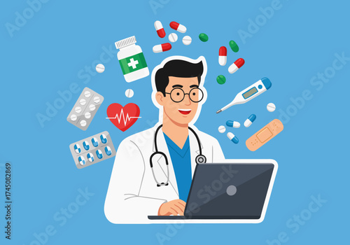 Happy doctor providing virtual medical consultation on laptop, surrounded by medical supplies, illustrating modern telemedicine and digital healthcare