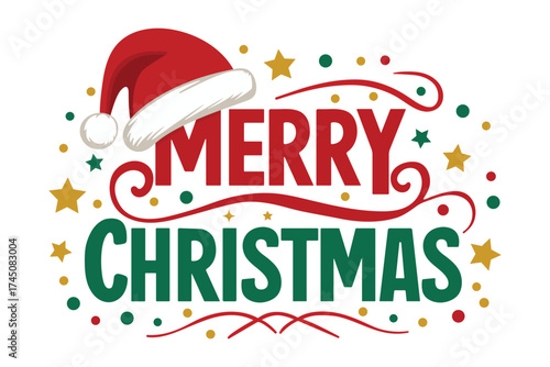 merry christmas greeting with bold red green text santa hat stars and festive swirls on white background