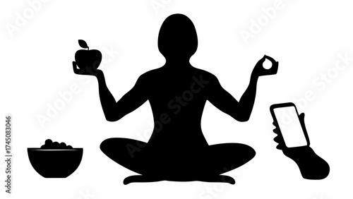 Person meditating with healthy food and smartphone balanced life modern wellness concept