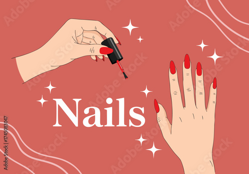 Chic vector illustration of hands receiving a meticulous manicure with bold red nail polish, reflecting beauty, style, and personal pampering