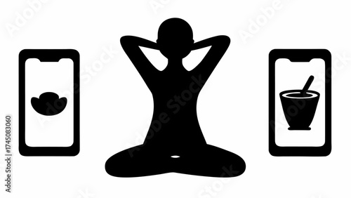 Person in meditation posture between two smartphones displaying wellness and beverage icons for a balanced lifestyle.