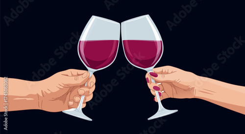 Elegant vector illustration of a man and a woman's hands clinking wine glasses in a celebratory toast, symbolizing joy, romance, and shared special moments