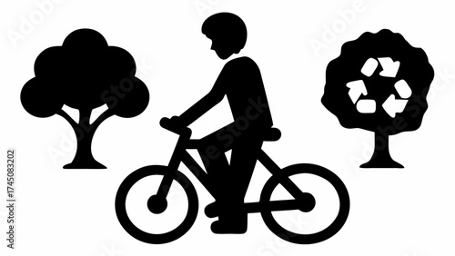 Person cycling through nature with recycling symbol tree promoting eco friendly lifestyle choices