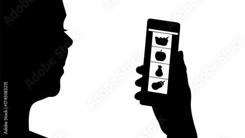Person browsing fresh produce icons on a mobile phone screen for healthy food choices