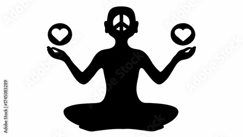Meditating figure embodies peace and love, holding hearts and peace symbol for global harmony