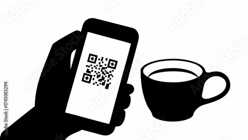 Scan QR code on phone for contactless payment or access near a coffee cup
