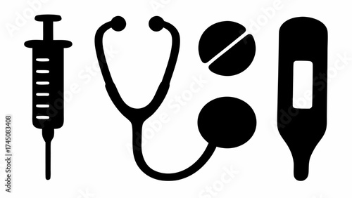Essential medical icons syringe stethoscope pills thermometer for health care and wellness promotion