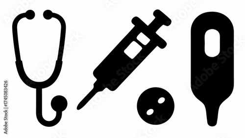 Essential medical icons stethoscope syringe thermometer and pills for healthcare promotion and design