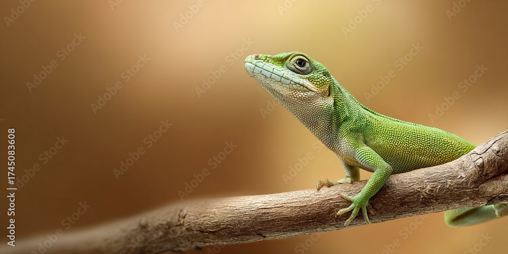 Fototapeta premium Adorable small green baby lizard peeking out from a natural branch, showcasing delicate details and a vibrant natural habitat with soft bokeh background.