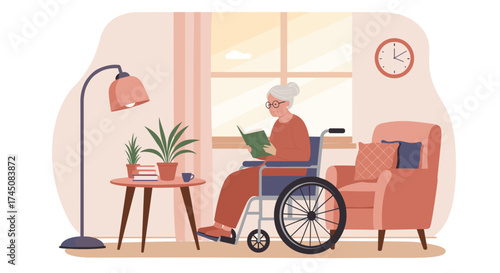 Elderly woman in wheelchair reading book near window at home, vector illustration of senior lifestyle and independent living
