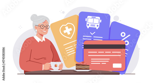 Elderly woman with cup of tea and cake, surrounded by benefit and discount cards, vector illustration about senior privileges and social support