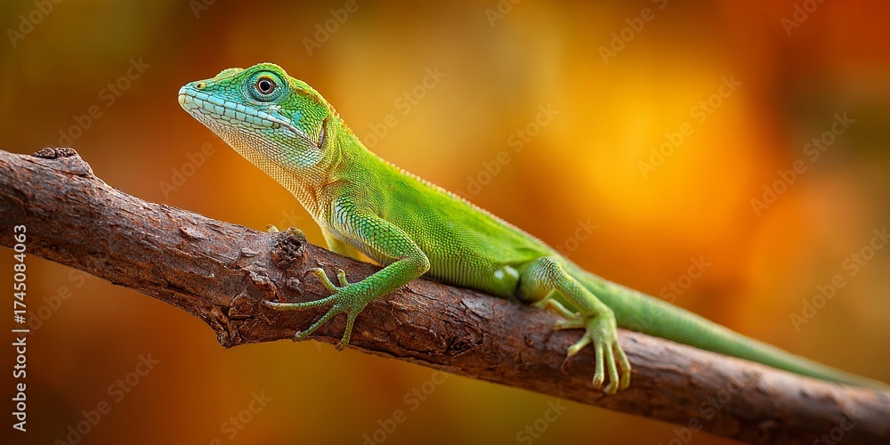 Fototapeta premium Adorable tiny green baby lizard clings to a textured branch, its curious gaze fixed forward, set against a softly blurred natural backdrop.
