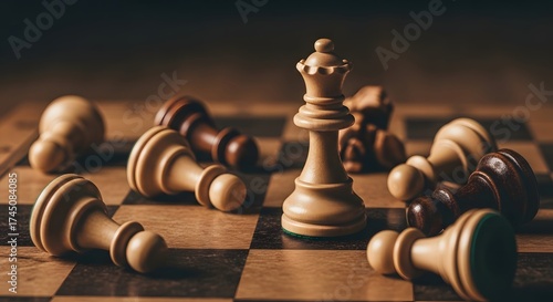 A lone white chess queen stands triumphant on the board amidst fallen pawns, symbolizing strategic victory, power, and successful leadership