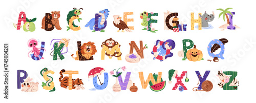 Cute English alphabet with animals set. Design of child ABC letters. Kindergarten education. Learning for reading for kids. Teaching of children. Flat isolated vector illustration on white background