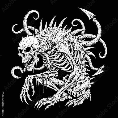 Gothic Horrific Skeleton Monster with Spikes and Tentacles Dark Art Illustration