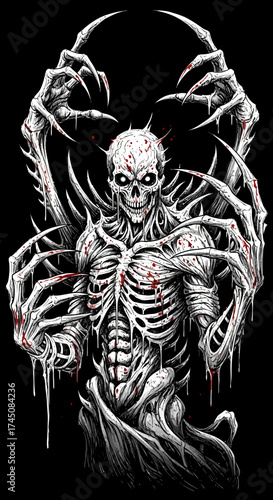 Fearsome Demonic Skeleton Horror Creature with Claws on Black Background