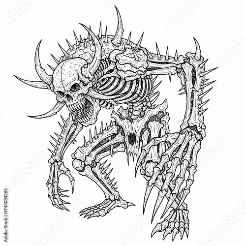 Fearsome Spiked Skeleton Monster Creature Line Art Drawing for Fantasy and Horror Design