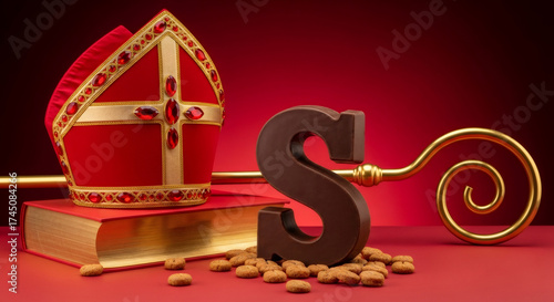 Red sinterklaas hat Mitre, decorative staff, large chocolate letter S, surrounded by traditional spiced cookies, festive attire and dutch holiday spirit. traditional Saint Nicolas day five december
