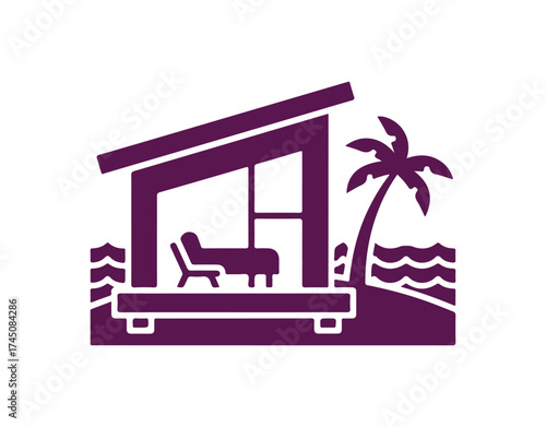 Beach hut symbol. Trendy and comfy hotel room by the beach. The perfect place to chill out. Seaside view. Concept of rest. Filled flat design. Isolated silhouette vector image.