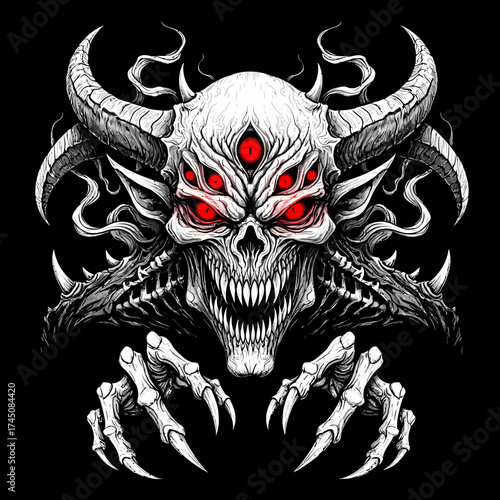 Intense Black and White Illustration of a Monstrous Demon Skull with Multiple Red Eyes and Horns