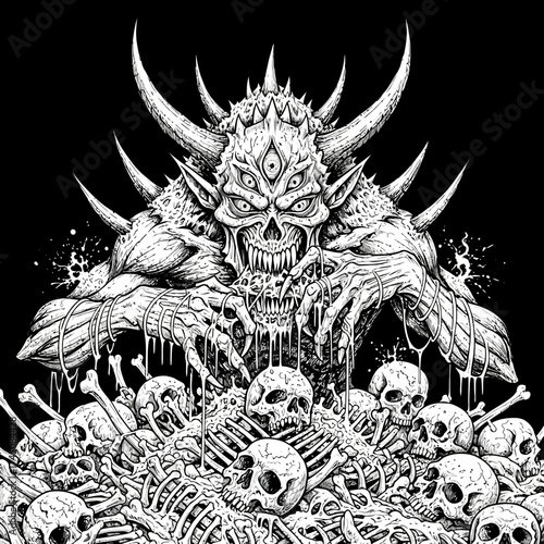 Terrifying Demonic Monster with Multiple Eyes Rising Above Pile of Human Skulls and Bones Illustration