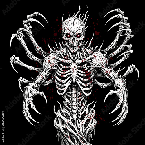 Terrifying Multi Armed Skeleton Monster with Glowing Red Eyes Dark Fantasy Illustration