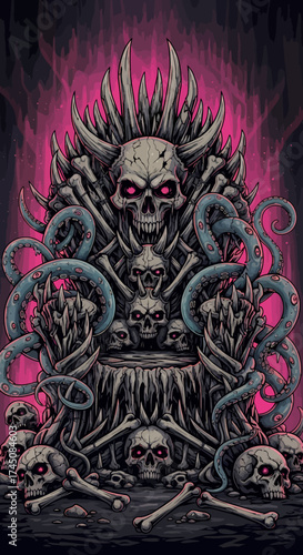 Sinister Skull Throne of Bones with Glowing Red Eyes and Tentacles Dark Fantasy Concept Art