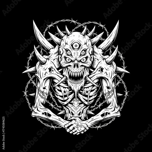 Aggressive Horned Demon Skeleton Creature with Barbed Wire Intense Horror Tattoo Design