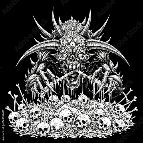 Horrific Multi Eyed Demon Skull Monster Above Pile of Human Bones Illustration