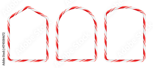 Set of arched Christmas frames with a realistic, glossy candy cane pattern. Collection of red and white holiday borders is perfect for creating a decorative window or photo frame