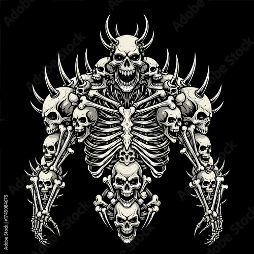 Demonic Skeleton Warrior Assemblage in Black and White Graphic Art