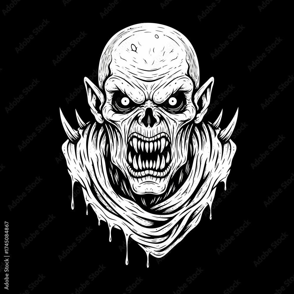 Obraz premium Fierce Scary Vampire Monster Head Illustration in Black and White Sketch Style