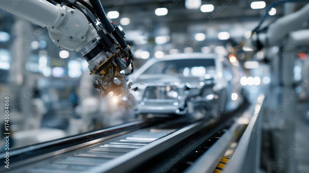 Fototapeta premium Robotic systems install car parts as they travel on a conveyor belt, reflecting smart factories, automation technology, human-free assembly lines, and the precision behind next-generation