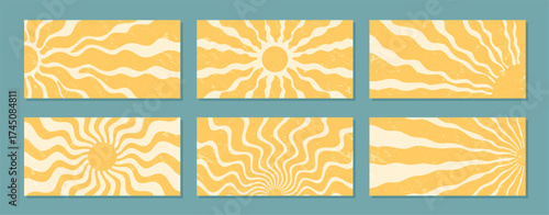 Groovy retro sun burst pattern set with wavy yellow ray shapes. Y2k background features sunny sun and grungy grunge style as a bold graphic. Sunshine burst creates vibrant vintage visual interest.