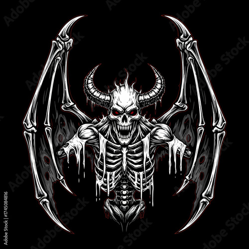 Menacing Demonic Skeleton with Horns and Bone Wings on Black Background Dark Fantasy Illustration