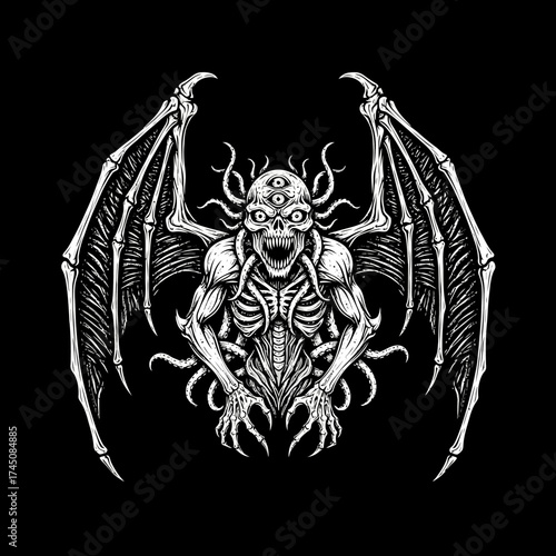 Intense Black and White Illustration of a Mythical Three Eyed Demon with Wings and Tentacles