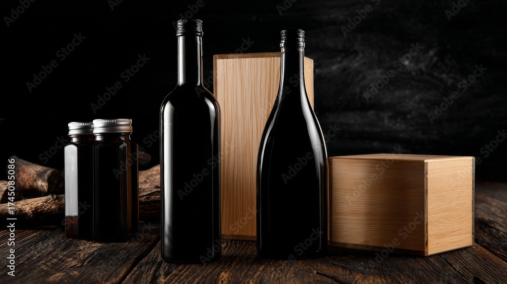 Naklejka premium Black glass bottles with wooden boxes arranged on dark surface luxury composition