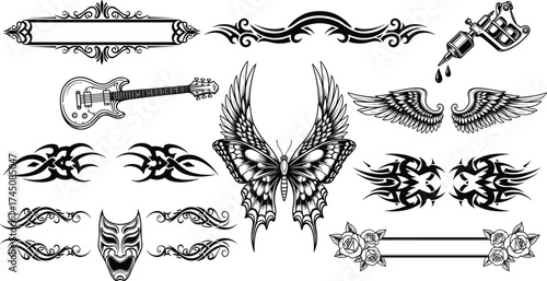 Tattoo design set, tribal flames, ornamental borders, butterfly wings, tattoo machine, electric guitar, superhero mask, floral art, black ink, vector