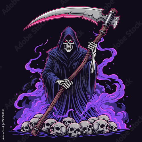 Illustration of the Grim Reaper with Scythe Surrounded by Purple Mist and Skulls