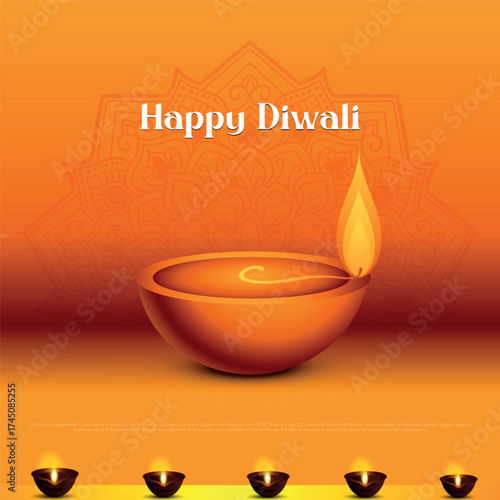 A cheerful Happy Diwali greeting card featuring a large, glowing diya oil lamp centered on a bright orange background. A subtle mandala pattern and a row of smaller diyas.