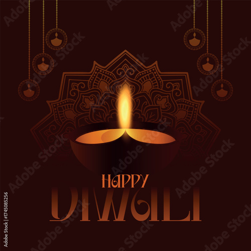 A striking Happy Diwali greeting card featuring a single, brightly lit diya with a tall flame centered against an intricate, subtle mandala background. Warm, dark brown colors give an elegant look.