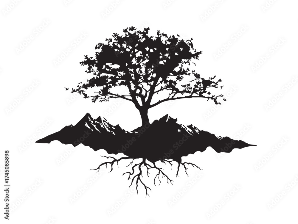 Fototapeta premium Mountain Tree Roots Landscape Silhouette 2D Vector Line Art Design