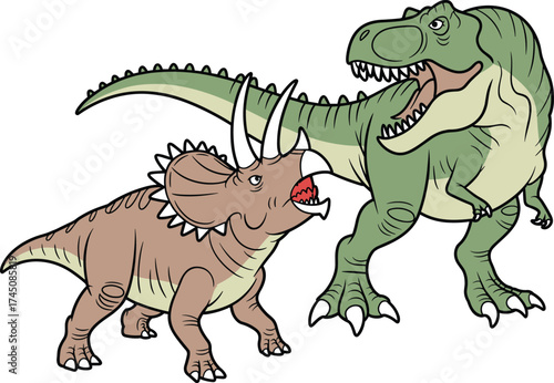 Cartoon dinosaurs, T. rex roar, Triceratops horns, prehistoric battle, green and brown, dinosaur fight, kids illustration, Jurassic scene, animal clash
