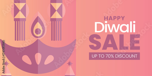 Happy Diwali Sale banner with traditional geometric lantern, lighted clay diya oil lamp, and up to 70% discount offer in a modern flat design on a vibrant pink and orange gradient background.