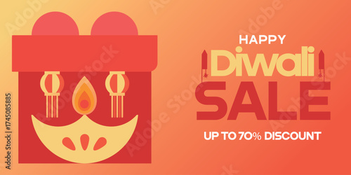 Happy Diwali Sale banner with an orange gradient and a 70% discount. Features a large, stylized gift box containing an illustration of a lit diya and two hanging lanterns.