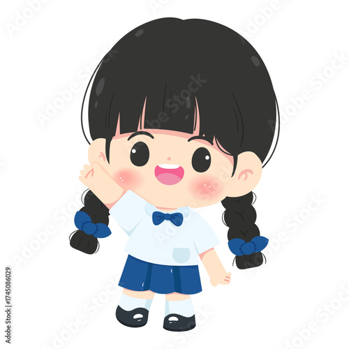 Cute cartoon student girl in Thai school uniform waving hand character vector illustration.