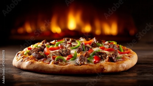 Wallpaper Mural Delicious pizza with peppers and beef being cooked in a wood-fired oven Torontodigital.ca