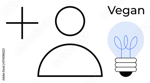 Minimalist design with person outline, sprouting lightbulb, and plus sign. Ideal for innovation, sustainability, plant-based, ethical living, eco-friendly healthy choices growth. Simple flat